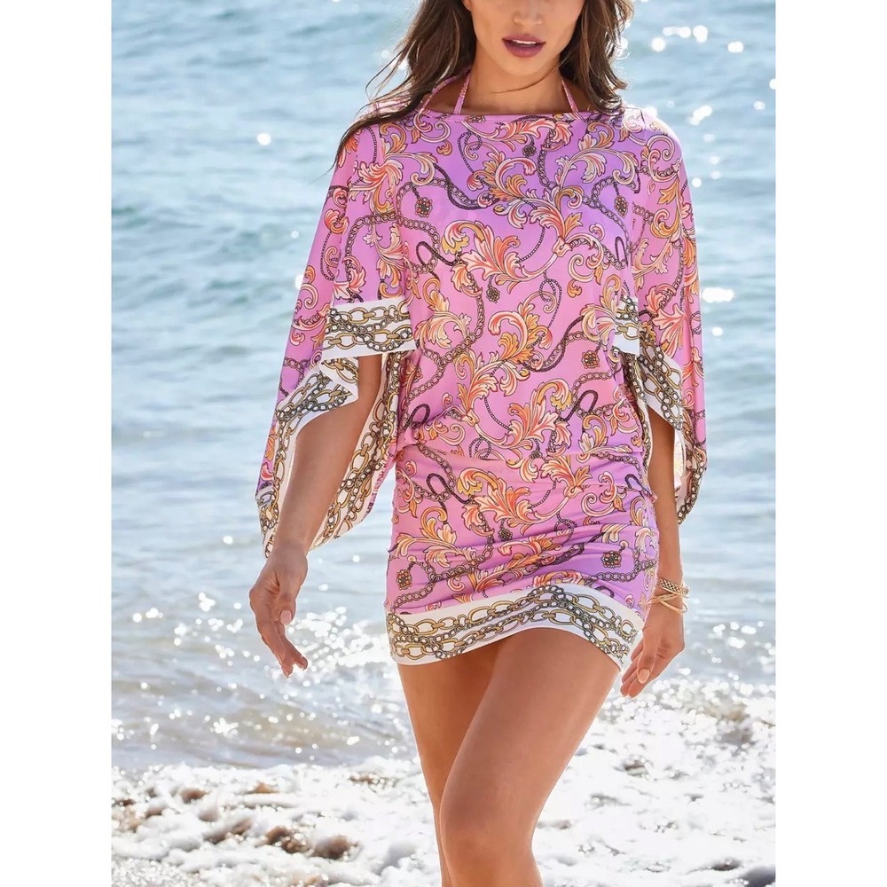 Boston Proper Swim Sense Tunic Cover Up M Pink Baroque‎ Gold Chain Status Beach